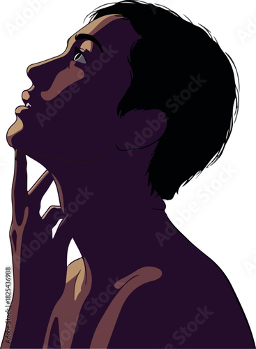 Profile Of Man Looking Up With Hand On Chin Considering