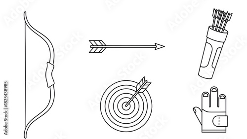 Archery Outline Icons Bow, Arrow, Target and Equipment