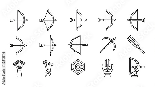 Set of archery sport icons, antique bows and arrows for shooting design