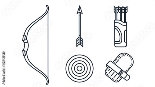 Archery Set Outline Illustration Bow, Arrow, Target, and Quiver Design
