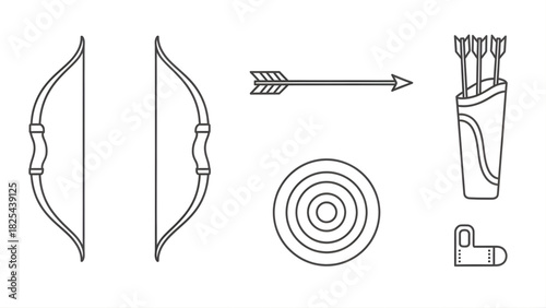 Archery Equipment and Target Practice Icon Set for Outdoors and Recreational Activities