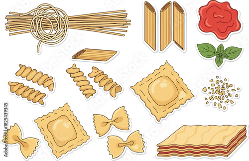 Variety of Pasta Shapes and Ingredients Illustration
