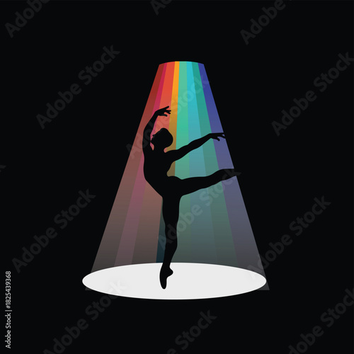Elegant Dancer Silhouette in colorful Spotlight Cone, Creative Stage Performance