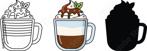 Hot Chocolate or Coffee with Whipped Cream Icon Set - Outline, Color, and Silhouette Vector