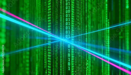 Abstract Digital Matrix Background with Green Binary Code and Light