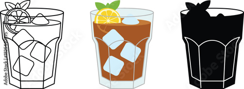 Iced Tea or Long Island Drink Icon Set with Lemon and Mint - Outline, Color, and Silhouette Vector