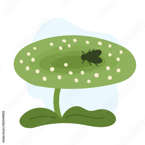 Sticky leaf holding trapped fly, sticky leaf showcasing playful carnivorous detail for modern botanical art, soft vector style boosting trending natural aesthetic perfect for creative design themes.