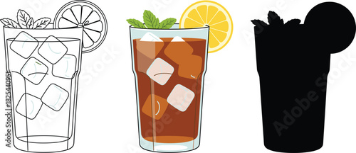 Iced Tea or Rum Cocktail Icon Set with Lemon and Mint - Outline, Color, and Silhouette Vector