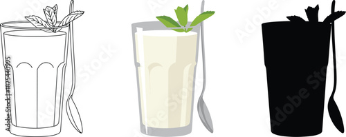 Yogurt or Buttermilk Drink Icon Set with Mint Garnish - Outline, Color, and Silhouette Vector