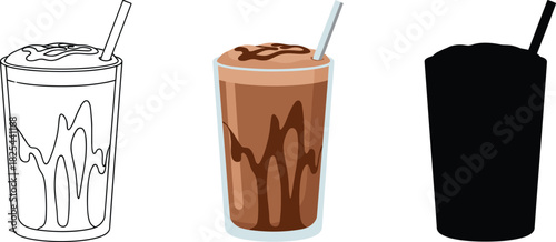Chocolate Frappe or Iced Mocha Icon Set with Chocolate Drizzle - Outline, Color, and Silhouette Vector