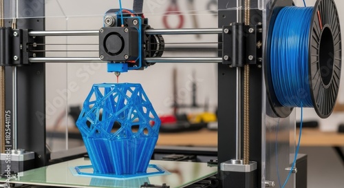 Fototapeta Naklejka Na Ścianę i Meble -  3D printer printing a blue geometric structure with a blue filament spool in the background.