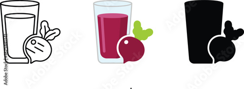 Beetroot Juice Icon Set with Vegetable - Outline, Color, and Silhouette Vector