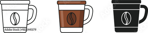 Takeaway Coffee Mug with Coffee Bean Logo Icon Set - Outline, Color, and Silhouette Vector