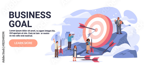 Business goal achievement teamwork target success concept group of diverse people with arrows and large bullseye cityscape background website banner