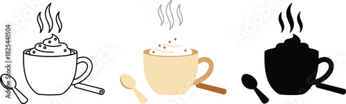 Hot Drink with Whipped Cream and Sprinkles Icon Set - Outline, Color, and Silhouette Vector