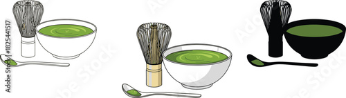 Traditional Matcha Green Tea Set - Bowl, Whisk (Chasen), and Spoon Icon Set