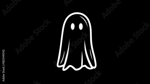 Spooky white cartoon ghost outline illustration on a black background, minimalist Halloween spirit character design element