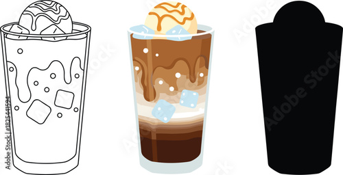 Iced Coffee Drink with Ice Cream Scoop and Caramel Drizzle Icon Set