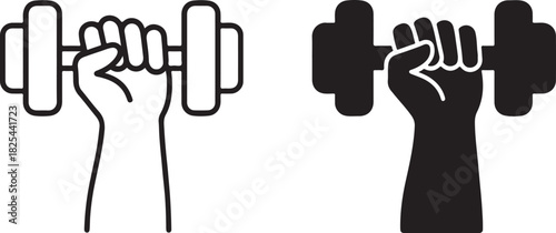 Hand gripping a dumbbell, symbolizing strength, fitness, and exercise. outline and solid silhouette vector illustrations for workout concepts. isolated on white background, Vector