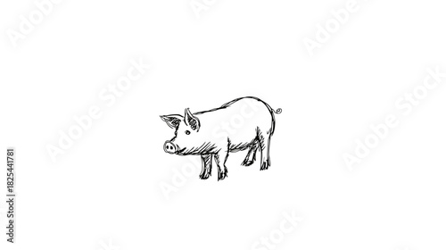 Hand-drawn sketch of a domestic pig, vintage farm animal illustration in black and white line art on a white background.