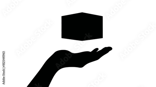 Abstract silhouette of a hand holding a floating black geometric cube against a white background, symbolizing concept, idea, or balance.