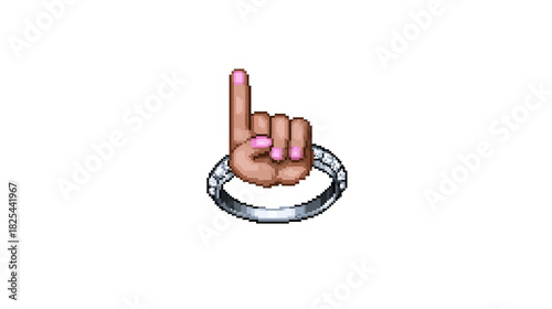 Pixelated retro graphic of a hand with an index finger pointing up, emerging from a metallic ring, on a clean white background.
