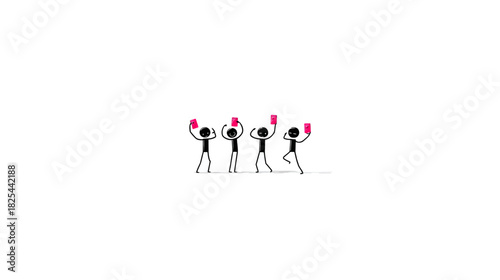Four stick figures celebrating success and victory together, raising hands in triumph, minimalist vector illustration on white.