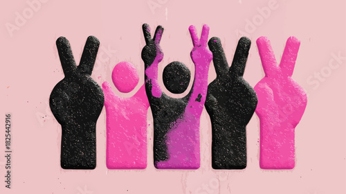 Textured graphic of diverse people silhouettes making peace signs, symbolizing unity, solidarity, and victory concept.