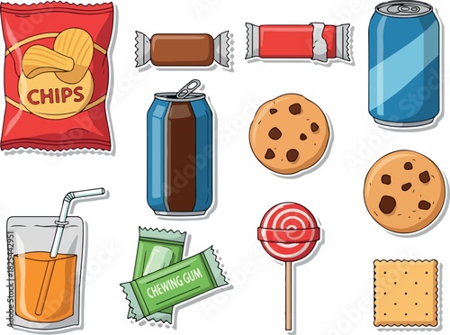 Cartoon Assortment of Unhealthy Junk Food and Drink on White
