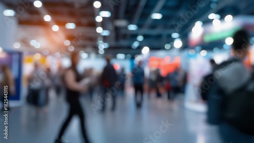 Dynamic blurred background of people walking at a vibrant trade show or exhibition event