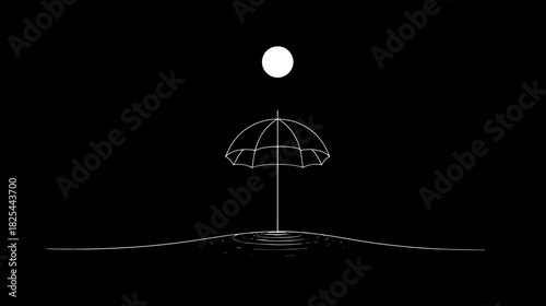 Minimalist Wireframe Beach Umbrella Silhouette Under Bright Sun on Dark Abstract Background. Conceptual Summer Vacation Art.