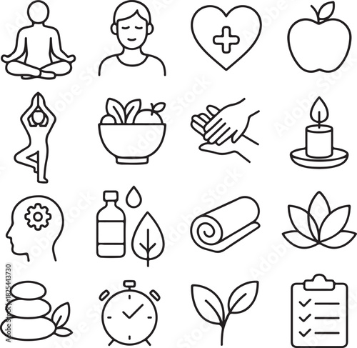 A comprehensive set of outline icons illustrating wellness, self-care, healthy lifestyle, meditation, fitness, and natural balance concepts. isolated on white background, Vector