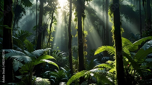 A dense rainforest with sunlight filtering through the trees 