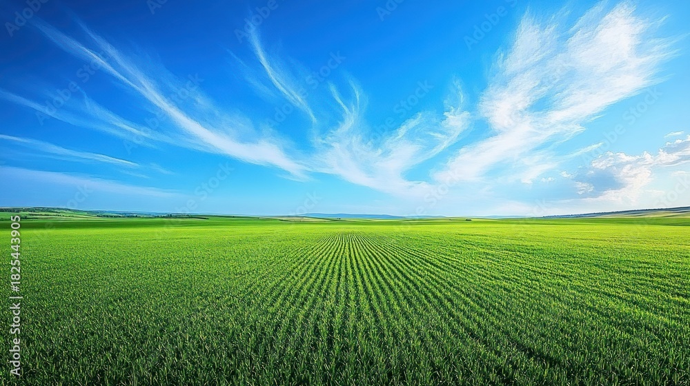Naklejka premium Expansive green crop field with neat parallel rows stretching to a distant low horizon of rolling hills under a bright blue sky streaked with wispy white clouds, evoking calm and openness