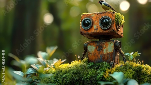 rusty moss covered robot with large round eyes sits on a green forest mound while a small bird perches on its head, evoking gentle wonder and peaceful curiosity