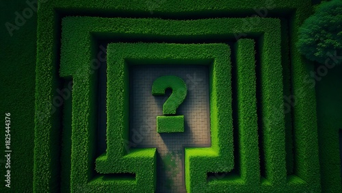 stammer. Aerial view of a hedge maze shaped like a question mark with a light symbol at its end. travel magazines, destination branding, designed for outdoor magazines and nature guides.