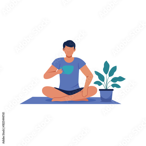 Person Holding Cup on Mat with Potted Plant, Relaxation and Mindful Morning Concept