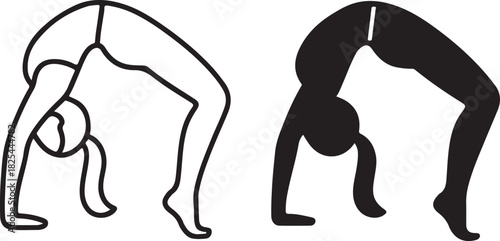 Urdhva dhanurasana yoga pose or wheel pose fitness icon showing a woman in a flexible backbend exercise routine silhouette and outline isolated on white background, Vector