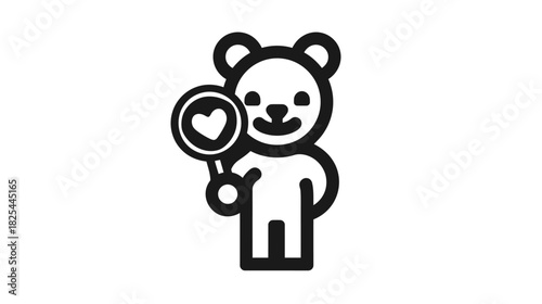 Cute cartoon bear holding a heart lollipop icon, simple line art illustration for love, affection, and children's themes.
