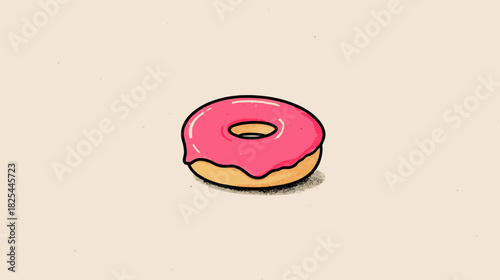 Delicious cartoon donut with vibrant pink frosting. Sweet baked pastry illustration, simple hand-drawn style on a light background.