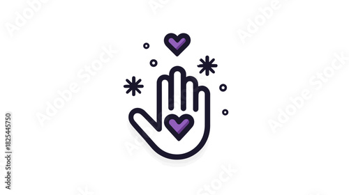 Giving hand with purple hearts and sparkles icon representing love, care, generosity, charity, support, kindness, and wellbeing.