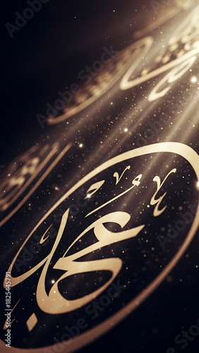 Elegant golden Muhammad name calligraphy with radiant light evokes faith and spirituality
