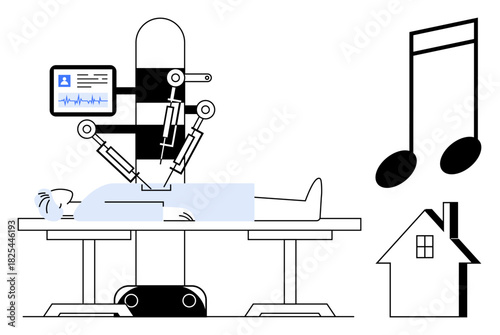 Medical procedure with robotic arms assisting surgery, patient on operating table, music concept with note, home metaphor. Ideal for healthcare, technology, innovation, automation, lifestyle future