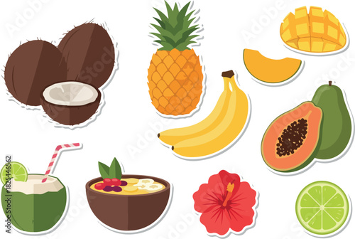 Tropical Fruit Sticker Pack Coconuts, Pineapple, Mango, and More