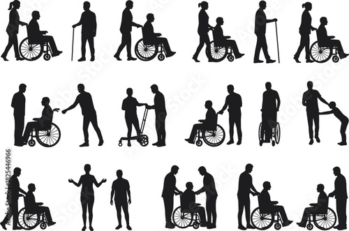 Silhouettes of caregivers assisting disabled and elderly people in wheelchairs and with walkers, perfect for healthcare, support, or rehabilitation themes