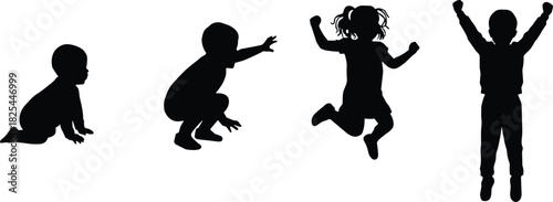 Silhouettes of children at different growth stages—crawling, squatting, jumping, and celebrating—isolated on white, childhood development and activity concept