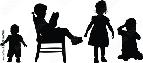 Silhouettes of children reading, walking, standing, sitting, playful toddlers and kids in various poses, isolated on white background