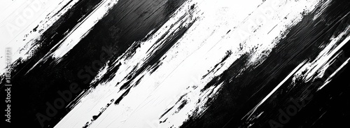 Diagonal black and white paint strokes on textured canvas conveying bold energy and dynamic motion