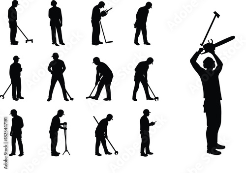 Silhouettes of construction workers using various tools, performing industrial tasks, drilling, hammering, inspecting, ideal for repair, maintenance, or safety illustrations