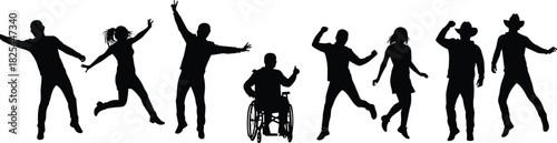 Silhouettes of diverse people dancing and celebrating, inclusive group with wheelchair user, joyful movement, diversity and unity concept